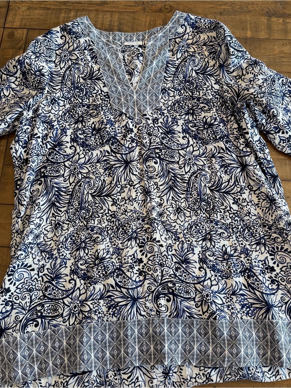 Sigrid Olsen Navy & White Paisley V-Neck Blouse